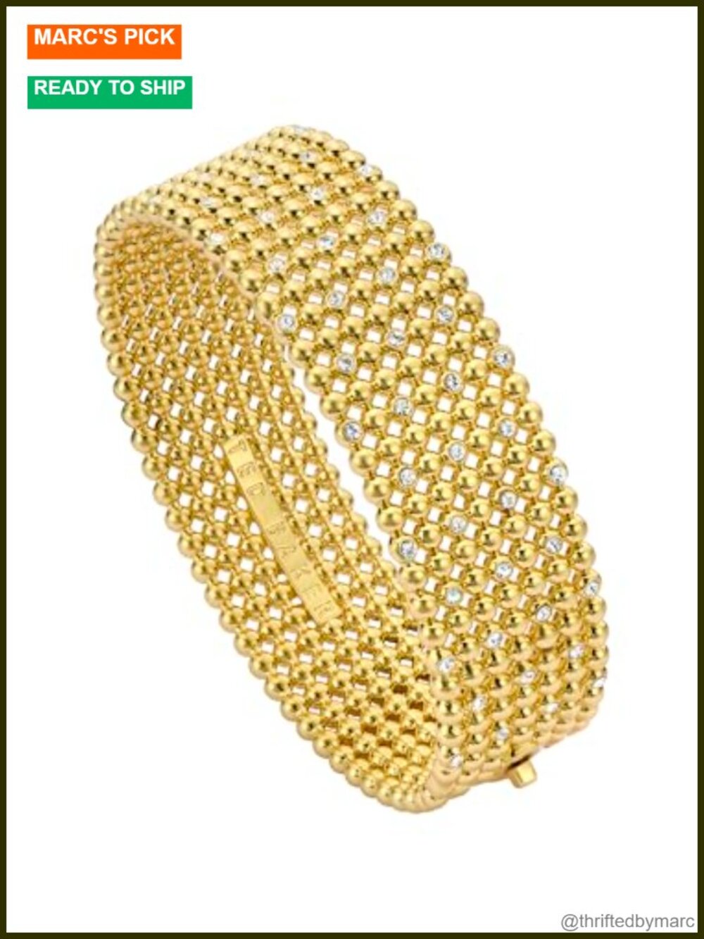 Wide Bangle Bracelet Textured Gold Tone Plated Brass Crystal Bobble